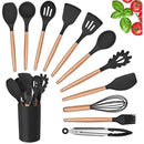 Conjunto de Colheres de Silicone para Cozinha – Antiferrugem, Livre de BPA, com Cabo de Madeira – Kit com 12 Peças de Utensílios de Cozinha