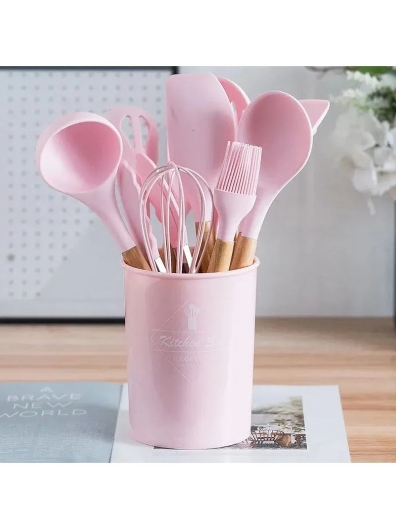 Kit 12 Peças de Utensílios de Cozinha em Silicone com Cabo de Madeira – Cores Variadas e Envio Imediato