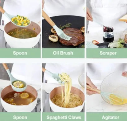 Conjunto de Colheres de Silicone para Cozinha – Antiferrugem, Livre de BPA, com Cabo de Madeira – Kit com 12 Peças de Utensílios de Cozinha