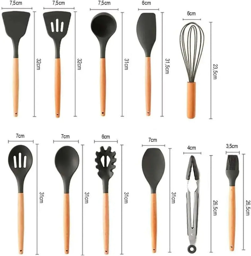 Kit 12 Peças de Utensílios de Cozinha em Silicone com Cabo de Madeira – Cores Variadas e Envio Imediato