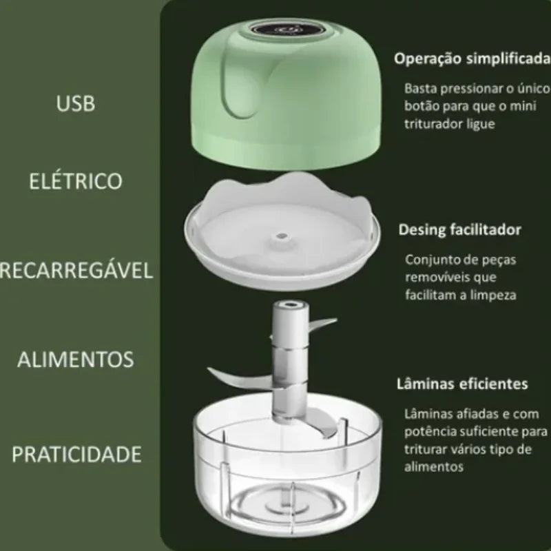 Processador Elétrico Mini Portátil – 3 Lâminas de Aço Inoxidável, 250ml, USB e Bivolt para Praticidade na Cozinha