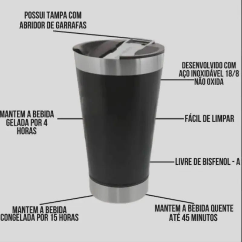 Copo Térmico 473ml com Tampa e Abridor – Mantém Bebidas Geladas ou Quentes por Muito Mais Tempo
