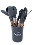 Kit 12 Peças de Utensílios de Cozinha em Silicone com Cabo de Madeira – Cores Variadas e Envio Imediato
