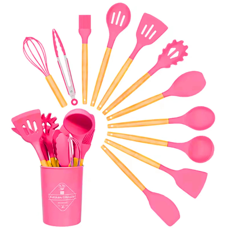 Kit 12 Peças de Utensílios de Cozinha em Silicone com Cabo de Madeira – Cores Variadas e Envio Imediato