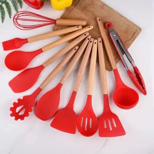 Conjunto de Colheres de Silicone para Cozinha – Antiferrugem, Livre de BPA, com Cabo de Madeira – Kit com 12 Peças de Utensílios de Cozinha