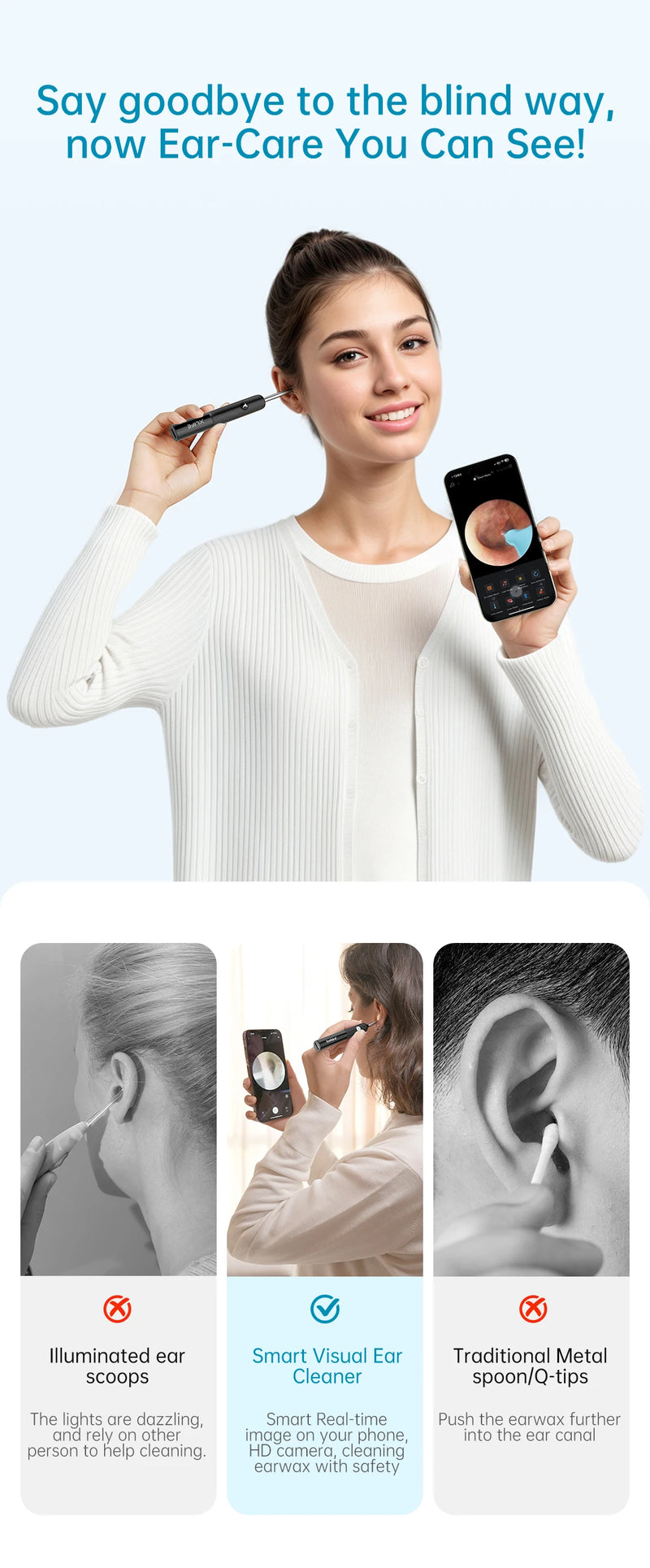 Bebird R1/X3/R3 Otoscópio Auricular Smart com Câmera HD 300MP – Endoscópio de Alta Precisão com Wi-Fi | Limpador de Ouvido Inteligente