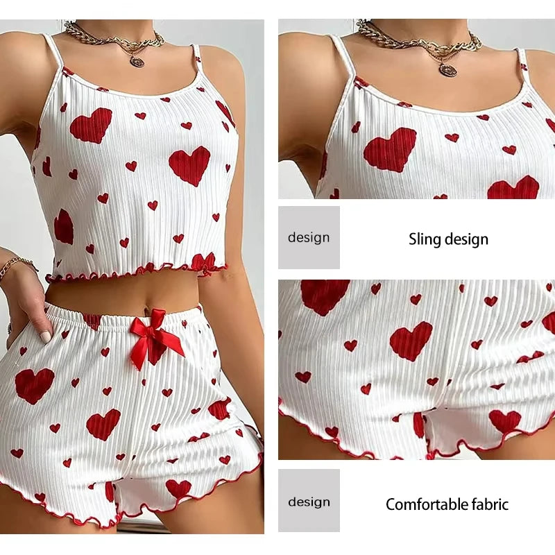 Conjunto Pijama Feminino Verão – Tecido Macio e Respirável, Estampa Love, Alças Finas e Shorts Confortáveis