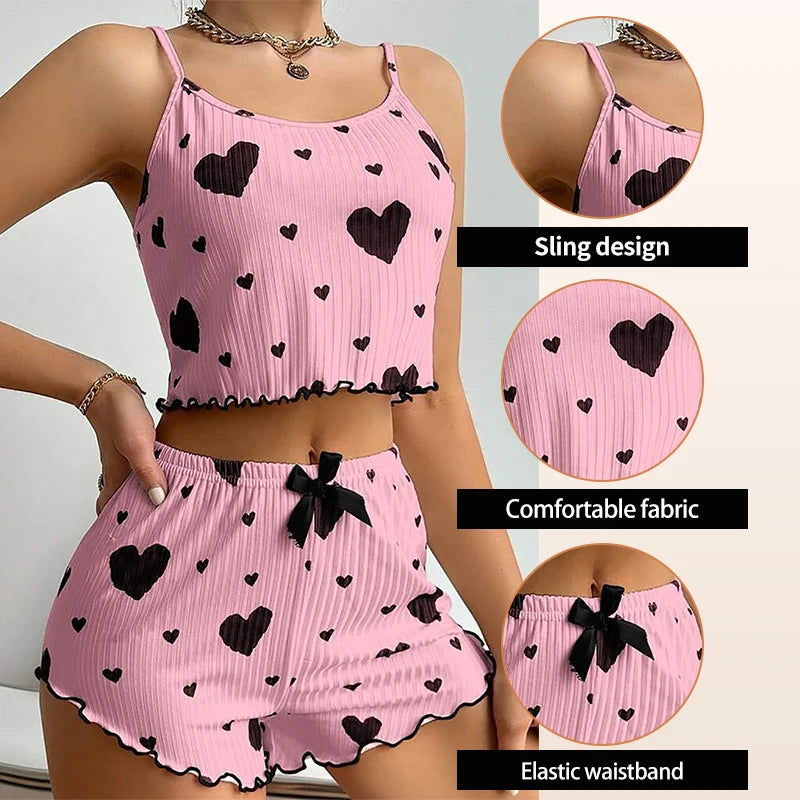 Conjunto Pijama Feminino Verão – Tecido Macio e Respirável, Estampa Love, Alças Finas e Shorts Confortáveis