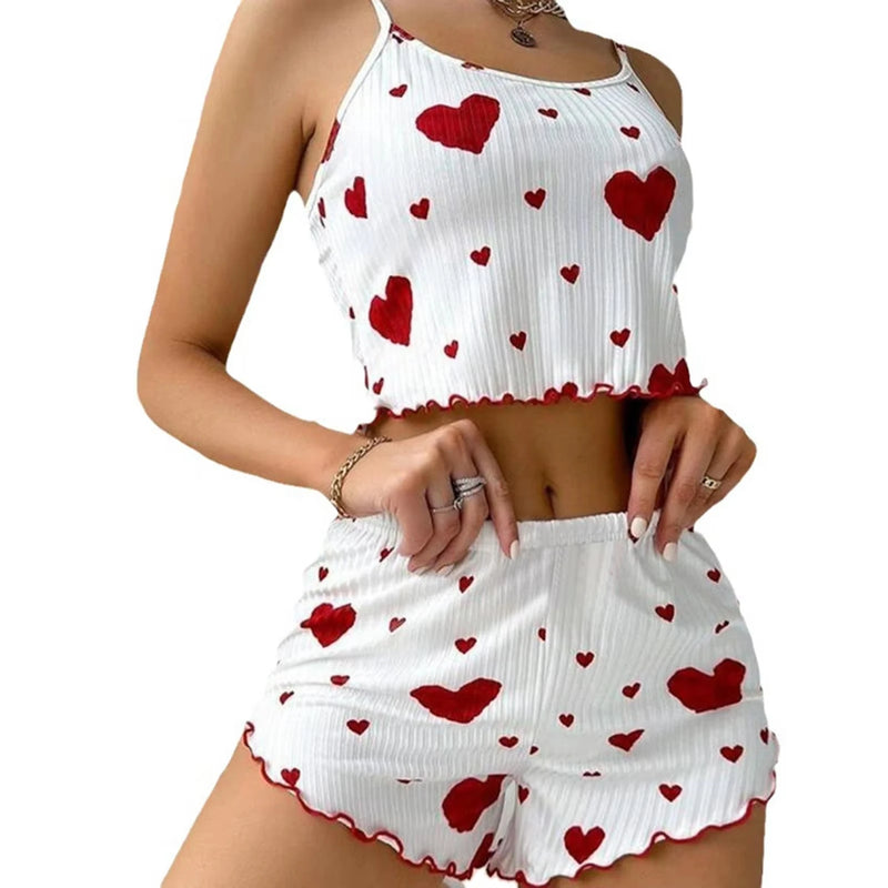 Conjunto Pijama Feminino Verão – Tecido Macio e Respirável, Estampa Love, Alças Finas e Shorts Confortáveis