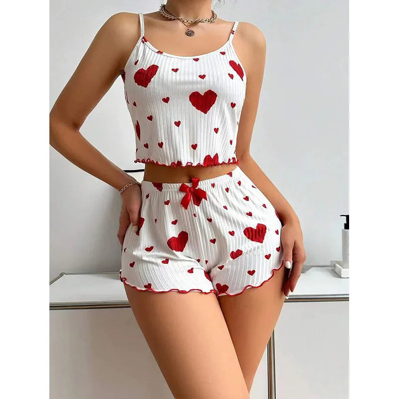 Conjunto Pijama Feminino Verão – Tecido Macio e Respirável, Estampa Love, Alças Finas e Shorts Confortáveis