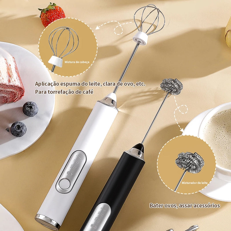 Mixer Elétrico 2 em 1 – Recarregável, Batedor de Ovos e Espumador de Leite para Café Perfeito